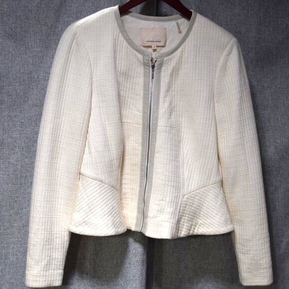 Rebecca Taylor Ivory Quilted Peplum Jacket with Leather Trim Size 4 - Picture 1 of 3
